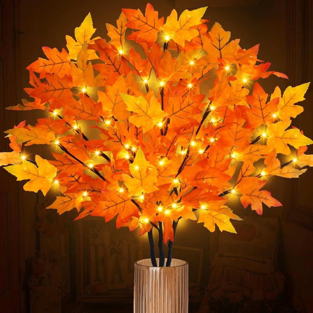 3Pcs 30”Lighted Maple Leaves Branches Stems with Timer Battery Operated 60 LEDs